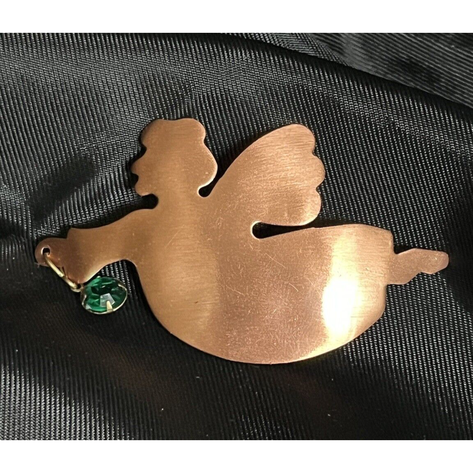 Vintage Copper May Angel Brooch Pin With Green Lucite Rhinestones By Russ